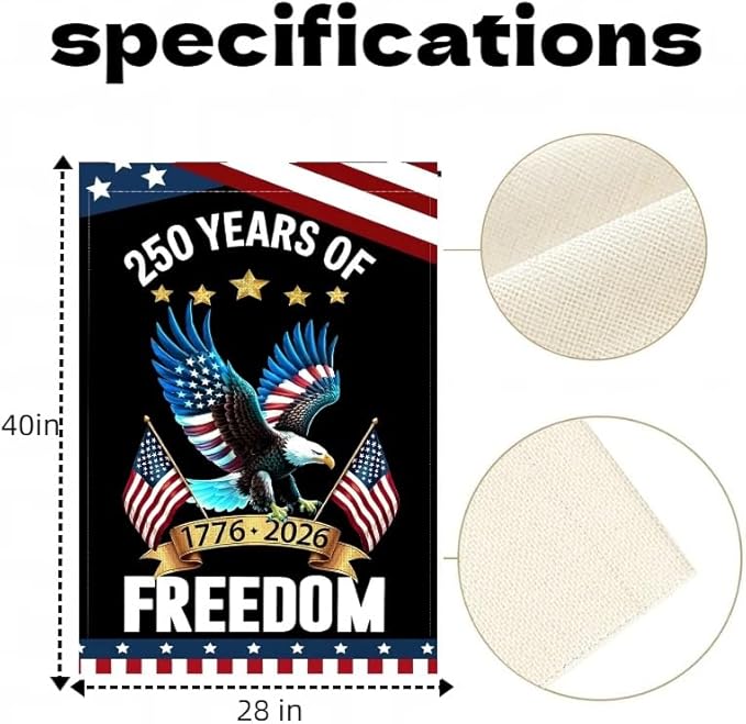 America 250 Years Garden Flag,250th Anniversary USA Double-Sided Cotton Linen Flags with Eagle Design,1776-2026 No Kings of Freedom(A_2.33 x 3.33 ft)