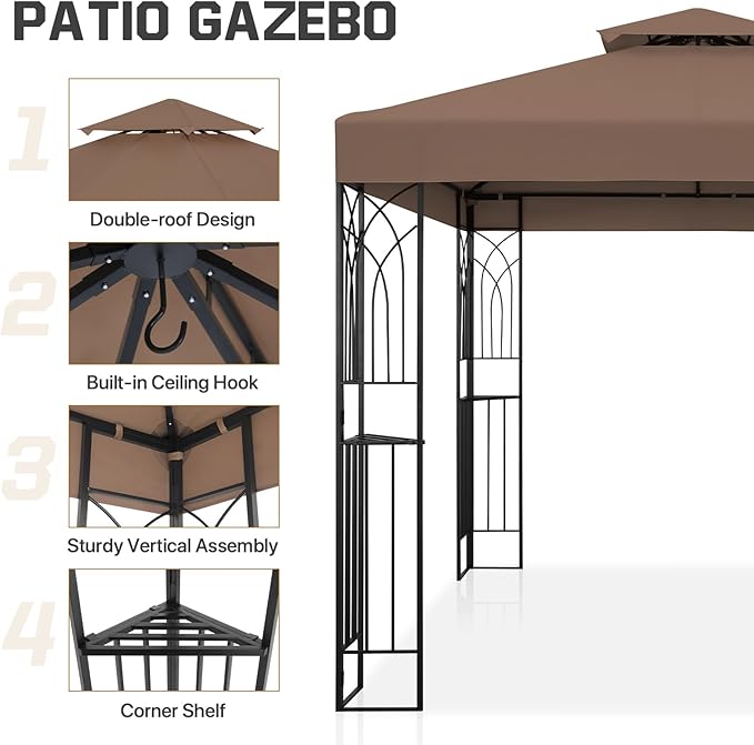 COOS BAY 8x8 Outdoor Patio Gazebo with Corner Shelves, Two-Tier Soft Top Canopy for Backyard, Lawn, Deck and Garden, Brown