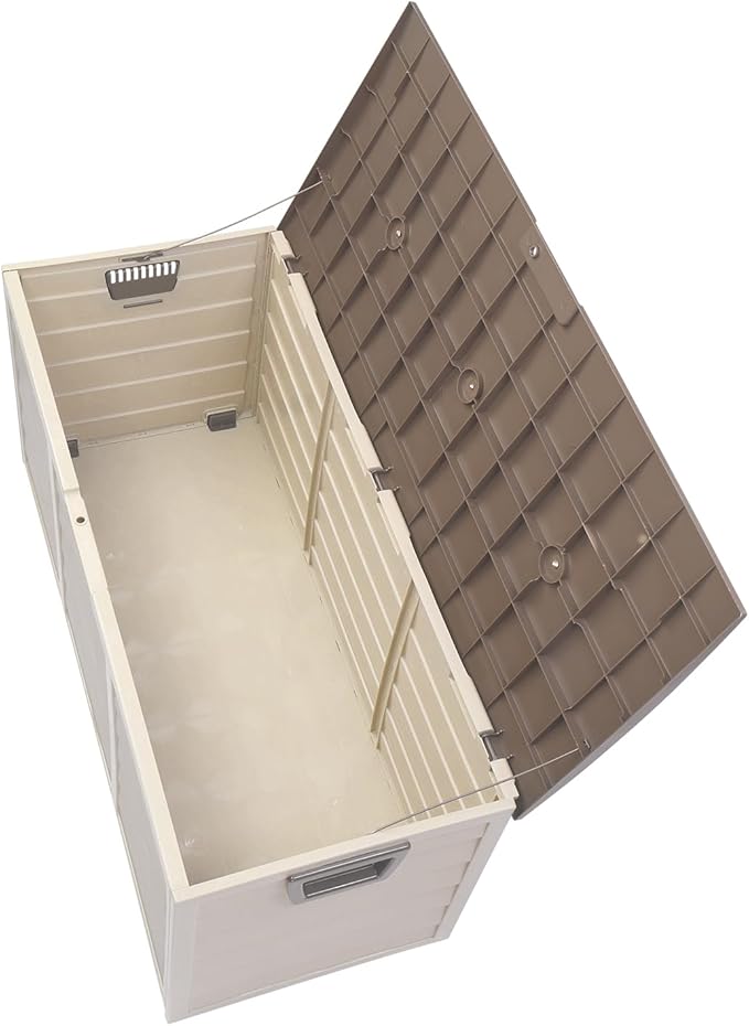 75 Gallon Resin Deck Box, Waterproof Outdoor Storage Box with Wheels, Lockable Lid and Handles, Large Deck Storage for Outdoor Gear, Patio Furniture Cushion, Gardening Tools, Brown