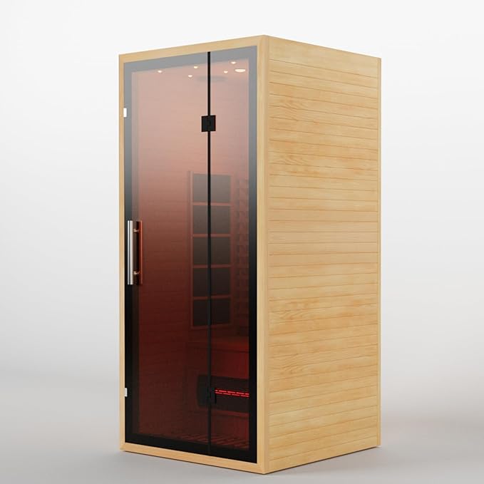 Full Spectrum Infrared Sauna for 1 Person, Upgraded WiFi Control Indoor Canadian Hemlock Wood Home Spa Saunas, Red Light Therapy, Speaker, Oxygen bar, Reading & 7-Color Light, 1350 W, US Instock 110V