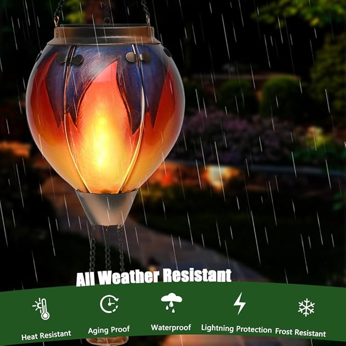 Hot Air Balloon Solar Lantern - Simulated Flickering & Dancing Flame Glass Lantern , Outdoor Hanging Yard Light Waterproof IP65 for Garden Patio Lawn Porch Decor Gift