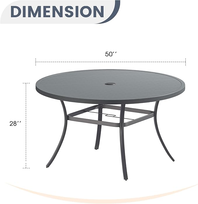 VICLLAX 50" Outdoor Round Patio Dining Table for 4-6, All Weather Metal Dining Table with Umbrella Hole for Deck Lawn Garden Backyard, Dark Grey