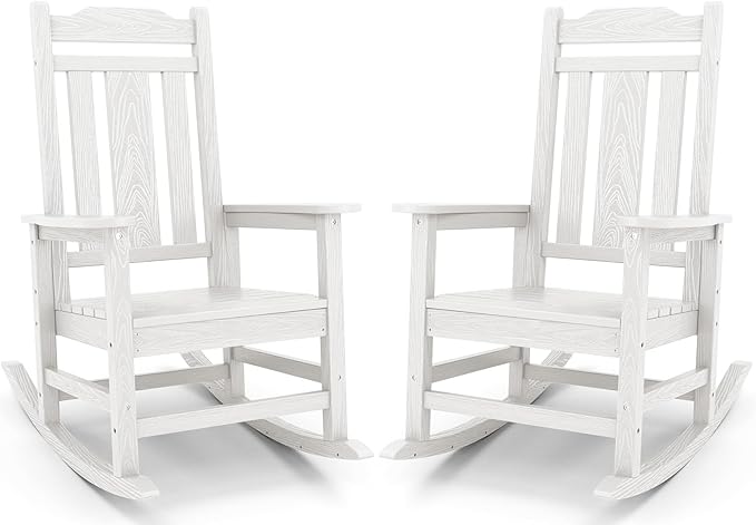 SERWALL White Outdoor Rocking Chair Set of 2, HDPE Outdoor Rocker