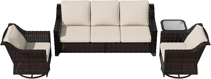 Vista Vibe 4 Pieces Outdoor Patio Conversation Furniture Set - 78" 3-Seat Sofa | 2 Swivel Glider Rocker Chairs | Wicker End Table, Rattan Loveseat, Upholstered Couch, Garden, Deck (Brown/Beige)