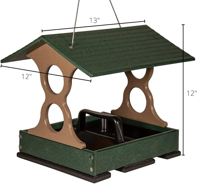 JCS Wildlife Medium Poly Fly-Thru Bird Feeder w/Removable Seed Tray - Holds 4 Cups of Bird Seed to Attract Cardinals, Chickadees, and More Backyard Birds (Green)