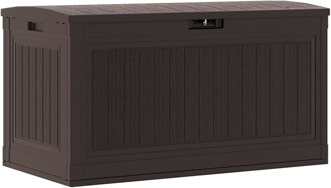 Suncast 80-Gal. Waterproof Resin Large Outdoor Patio Deck Box with Pad-Lockable Lid, Modern Outdoor Patio Bench/Storage Box for Cushions, Garden Tools, and More, Java