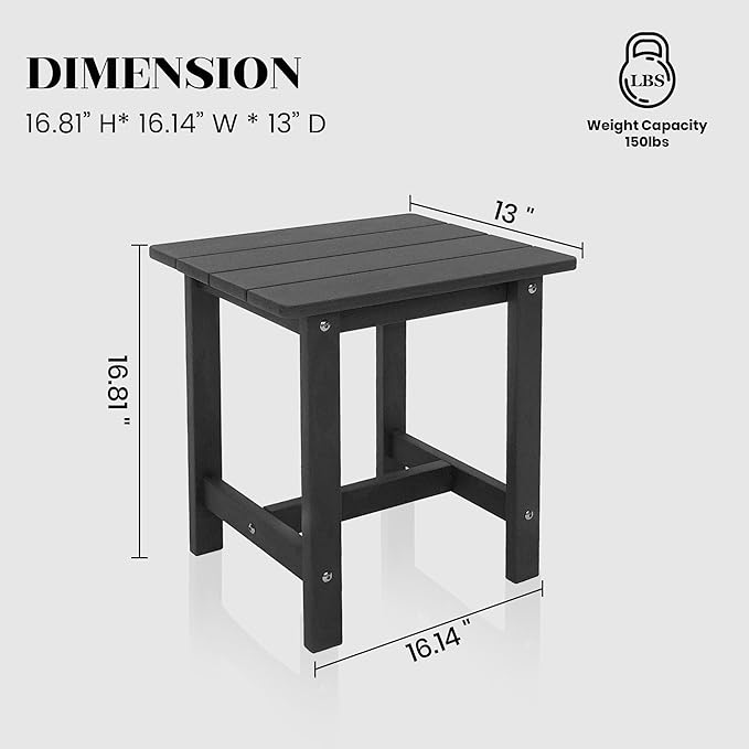 Outdoor Side Table, Small Adirondack Side Table for Adirondack Chair - Indoor Outdoor End Table - HDPS (Black)