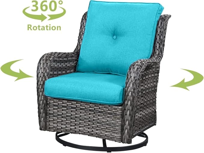 HUMMUH 3-Piece Swivel Rocking Rattan Chair Outdoor, Patio Bistro Furniture Conversation Set, Cushioned Wicker Chair with Glass Coffee Table(Grey,Blue)