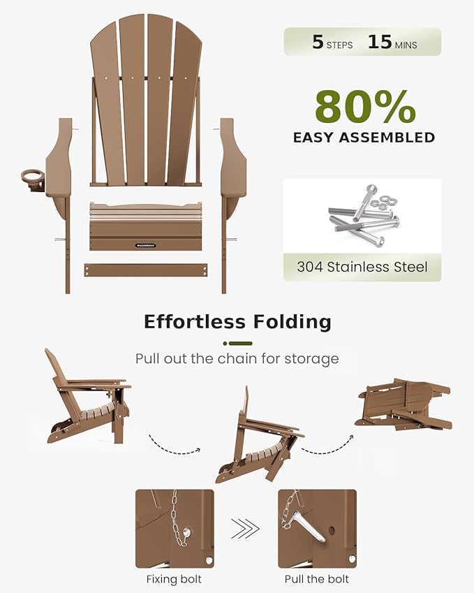 MUCHENGHY Folding Adirondack Chairs and Table Set, Outdoor Chair, Adirondack Chair Plastic, Fire Pit Chair, Weather Resistant with Cup Holder for Deck, Backyard, Garden(Teak, 3-Piece)