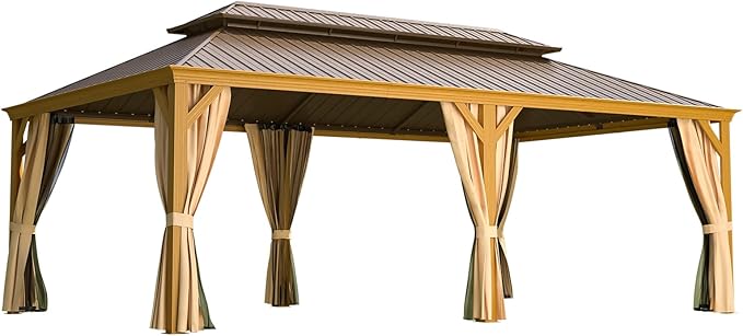 YOLENY 14' x 22' Hardtop Gazebo Wood-Looking Aluminum Frame Pergola with Galvanized Steel Double Roof, Outdoor Permanent Metal Pavilion with Netting and Curtains for Lawns，Deck and Backyard