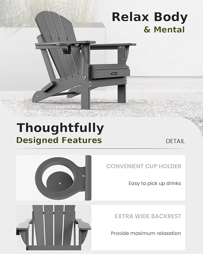 MUCHENGHY Folding Adirondack Chairs, Patio Chairs, Lawn Chairs, Outdoor Chair, Adirondack Chair Plastic, Fire Pit, Weather Resistant with Cup Holder for Deck, Backyard, Garden(Gray)