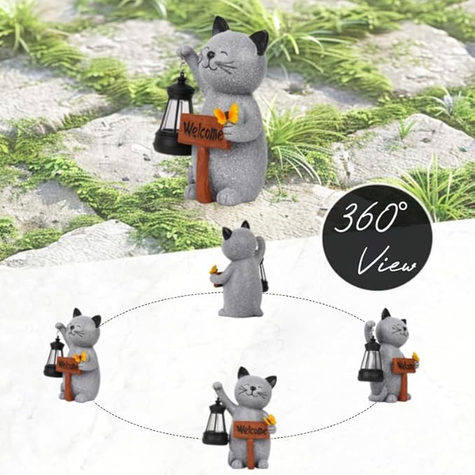 Cat Garden Statues with Solar Lantern, Outdoor Figurine Resin Sculpture Hanging Solar Power Lights for Decoration Yard Patio Balcony Lawn Ornament Art Decor, Unique Gift for Grandma Wowen Mom