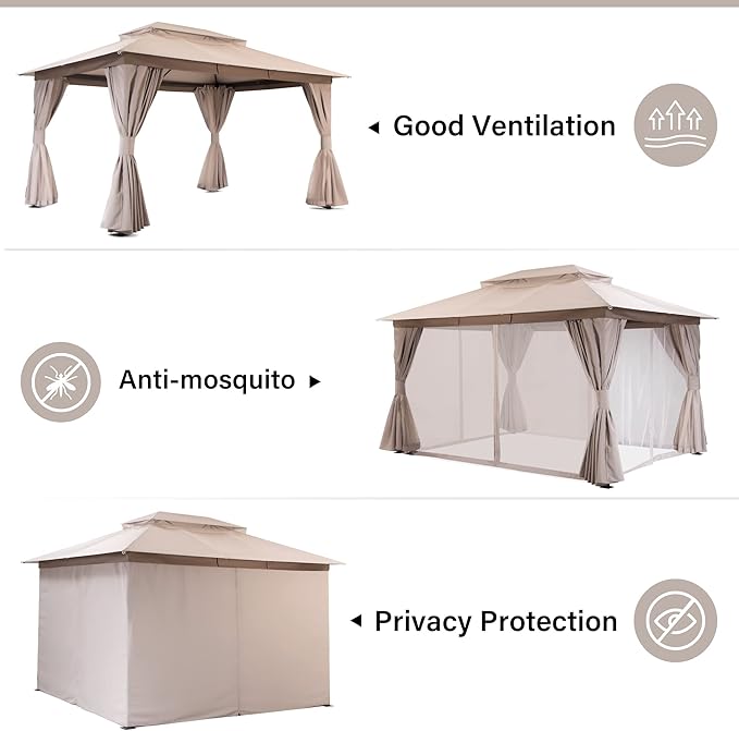 LAUSAINT HOME Outdoor Patio Gazebo 10'x13' with Expansion Bolts, Heavy Duty Gazebos Shelter Party Tent with Double Roofs, Mosquito Nets and Privacy Screens for Backyard, Garden, Lawn, Champagne Khaki