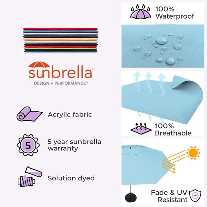 Midtown Umbrellas The Swilt 8 Feet Patio Umbrella in Sunbrella Capri Acrylic Fabric - Fiberglass Ribs, Auto-Tilt Aluminum Frame For Backyard, Deck, Garden, Pool - White Pole