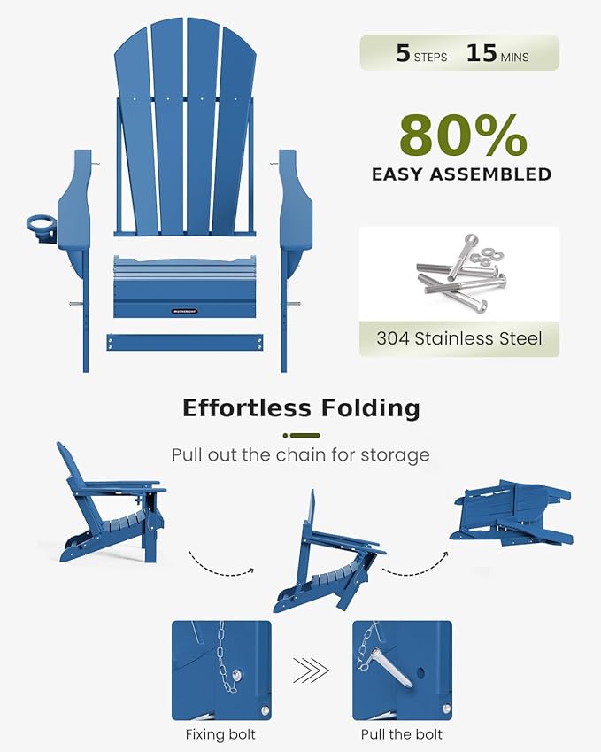 MUCHENGHY Folding Adirondack Chairs HDPE Weather Resistant, Patio Firepit Chairs, Sturdy Outside Chair, Lawn Chairs, 15min Assembly 380lb, Royal Blue