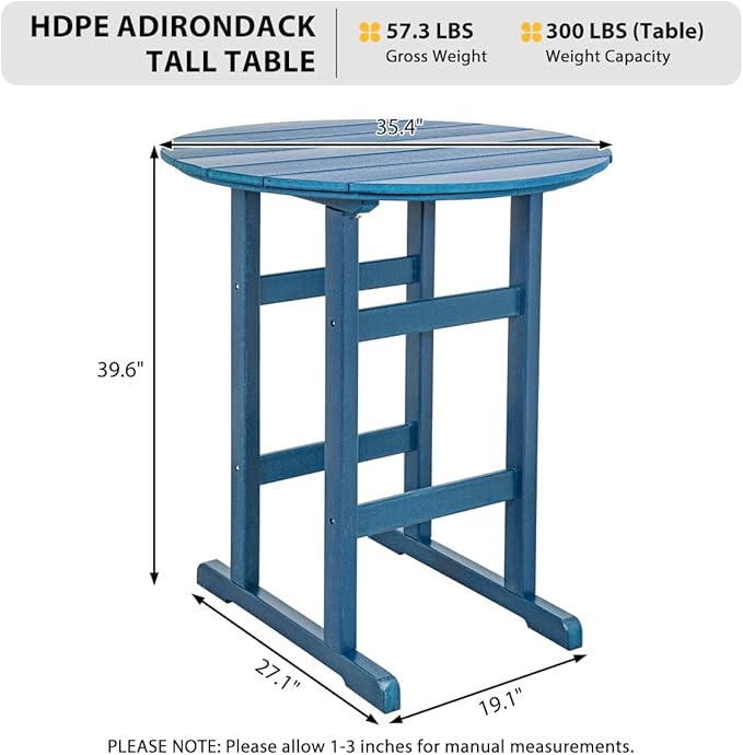 Sundale Outdoor Adirondack Round Bar Table, 39 Inch Height Patio Large Pub Table for 4, All Weather HDPE High Top Bistro Counter Table for Outside Deck Porch Balcony Poolside, Navy Blue