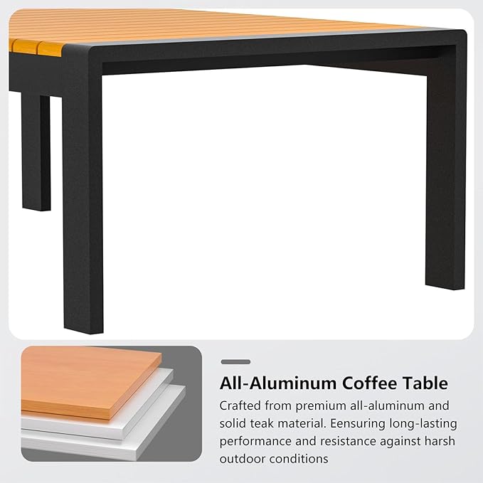 Aluminum Outdoor Coffee Table - Black Rectangle Patio Tables with Teak Top for Deck, and Poolside
