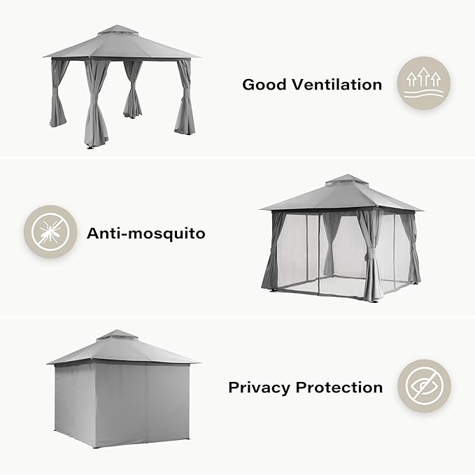 Outdoor Patio Gazebo 8FT, Heavy Duty Party Tent & Shelter with 2-Tier Roof and Expansion Bolts, Mosquito Nettings and Privacy Screens for Backyard, Garden, Poolside, Gray