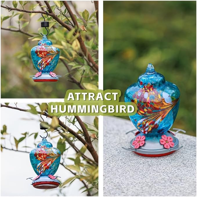 REZIPO Hummingbird Feeder with Perch - Hand Blown Glass - Blue - 38 Fluid Ounces Hummingbird Nectar Capacity Include Hanging Wires and Moat Hook