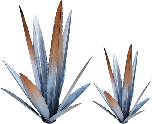 EROCK 2 Pcs Tequila Rustic Sculpture, Wind Resistant Metal Agave Plant Outdoor Home Decor, DIY Rustic Hand Painted Metal Agave Garden Art Plant Country Sculpture Statue Patio Stake Lawn Ornament Gift