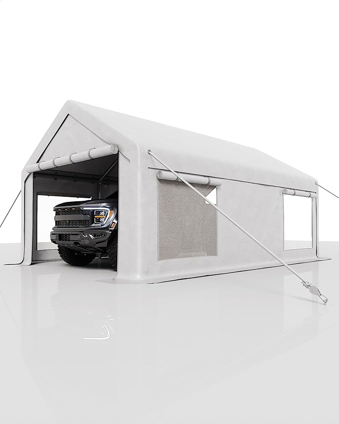 GarveeLife 10x20 ft Carport, Car Port with 200 g PE Tarp, Roll-Up Doors, and 4 Windows, for Sedans, Bass Boats, Motos, ATVs, and SUVs, White