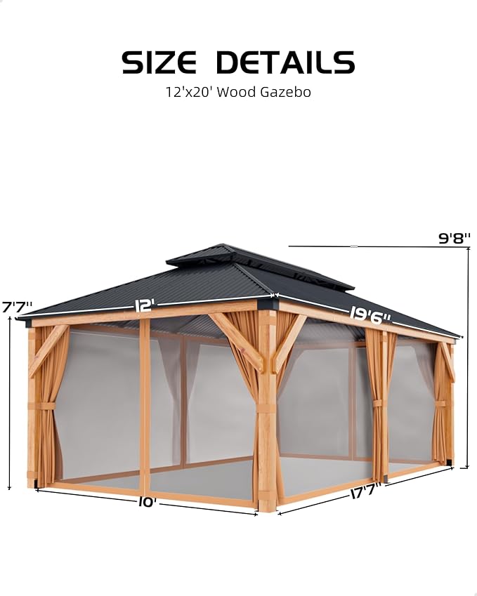 GAOMON Hardtop Spruce Wood Gazebo 12'x20', with Double Roof of Metal Sheets, 4.7'' Heavy Duty Poles, Gray Net, and Curtain, Permanent Building for Patio, Deck, Backyard, Lawn, and Garden, Khaki