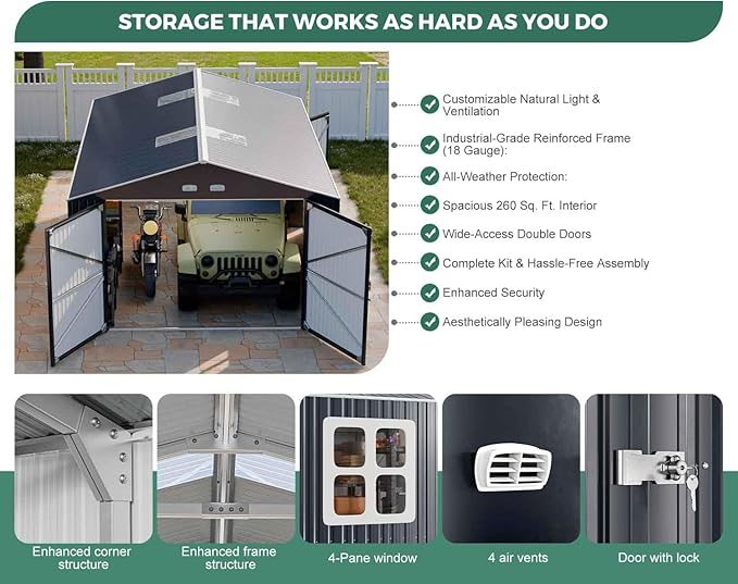Metal Garage Shed for Car with Floor Kit, 13x20x8.5' Large Outdoor Storage Building and Workshop, Weatherproof Steel Carport with Ultra-Reinforced Truss System, Skylights & Dual-Entry