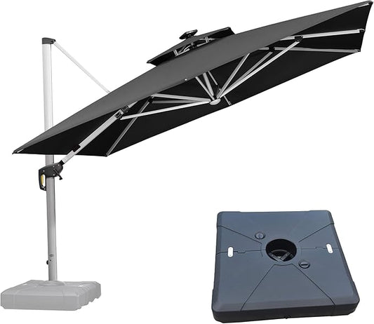 PURPLE LEAF 11 Feet Solar Powered LED Square Cantilever Umbrella With Base Patio Umbrellas Windproof Hanging Umbrella Outdoor Offset Umbrellas, Black