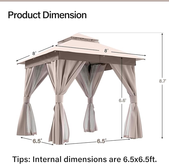 Outdoor Patio Gazebo 8FT, Heavy Duty Party Tent & Shelter with 2-Tier Roof and Expansion Bolts, Mosquito Nettings and Privacy Screens for Backyard, Garden, Poolside, Khaki