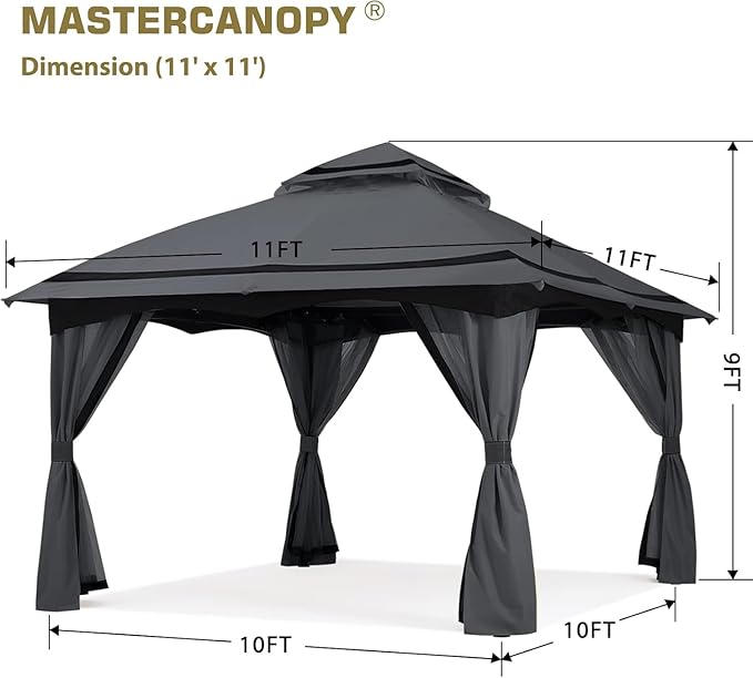 MASTERCANOPY 10x10FT Outdoor Patio Gazebo with Mosquito Netting for Backyard, Patio, Garden Dark Grey