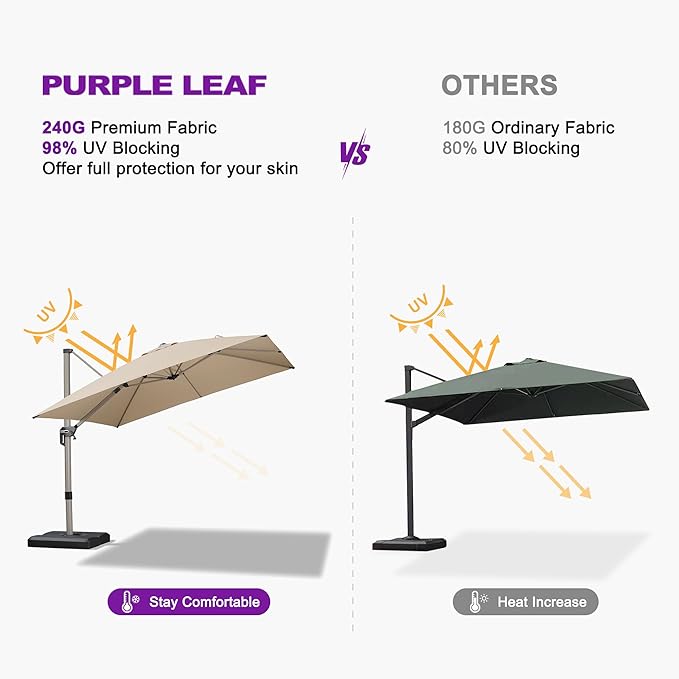 PURPLE LEAF 10' X 10' Patio Umbrella Outdoor Cantilever Umbrella, Aluminum Offset Umbrella with Champagne Frame and 360° Rotation for Pool Deck Garden, Beige