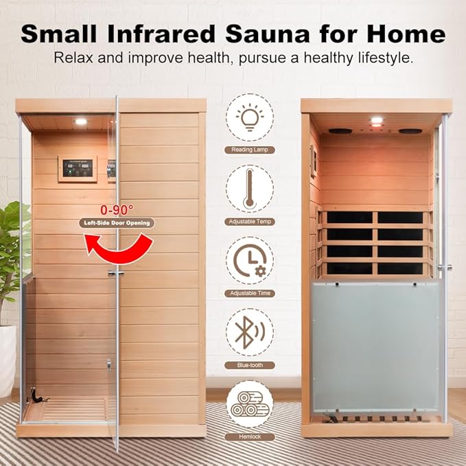 Small Sauna Far Infrared Saunas for Home 1 Person, 1060W, 6 Heating Panels, Hemlock Wooden Indoor Sauna Room with Tempered Glass, Left Door Opening, Blue-Tooth, LCD-Display Control