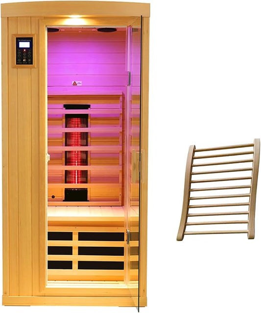 Ceramic Infrared Sauna with Backrest, 1 Person Low EMF Far Infrared Sauna for Home, 1300watt Canadian Hemlock Wood Indoor Saunas with 6 Heating Panels,Blue-Tooth Control, LCD Display