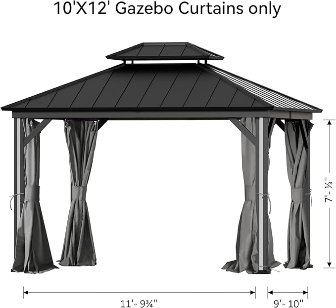 Gazebo Curtain Replacement Universal 4-Panel Sidewalls 10' x 12', Outdoor Gazebo Privacy Curtains with Zipper, Replacement for Patio Canopy, Garden, Backyard, Grey (Curtain Only)