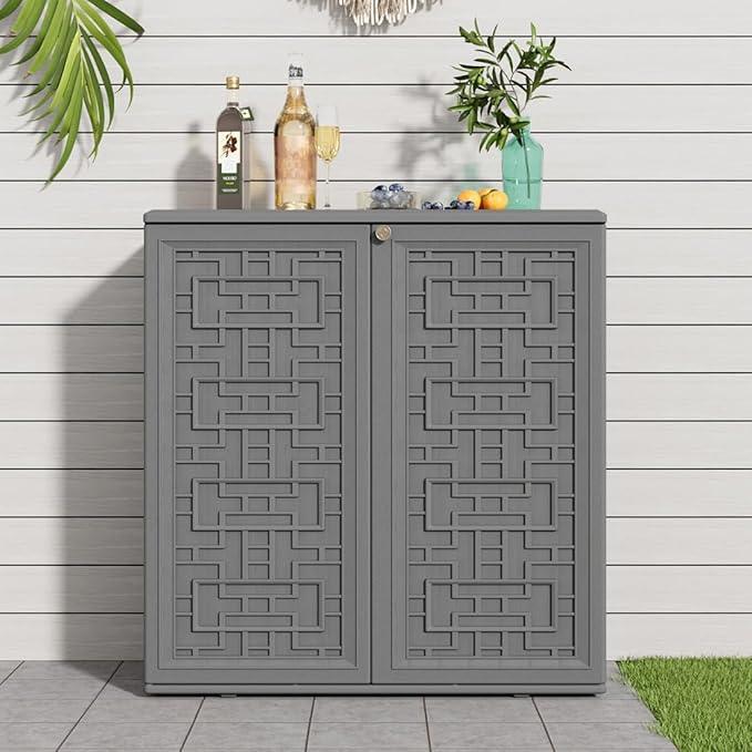 KINYING Outdoor Storage Cabinet Waterproof, Resin 60 Gallon Deck Box for Patio Furniture Cushions, Garden Tools, Pool Tools and Kids’ Toys (Grey with 1 Shelving)