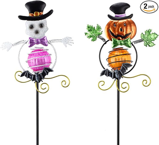 Solar Halloween Decorations Outdoor,2 Pack Pumpkin＆Skull Halloween Metal Yard Stakes,Solar Yard Signs Decorative Garden Stakes for Outside Lawn Patio Pathway