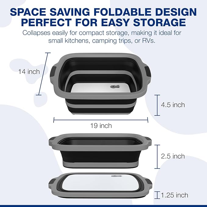 2-Pack XL Collapsible BBQ Prep Tub with Built-In Cutting Board, Lid & Strainer – Marinate, Drain & Prep – Large Food-Safe Container – Perfect for Grilling, Smoking & Outdoor Cooking (Black)
