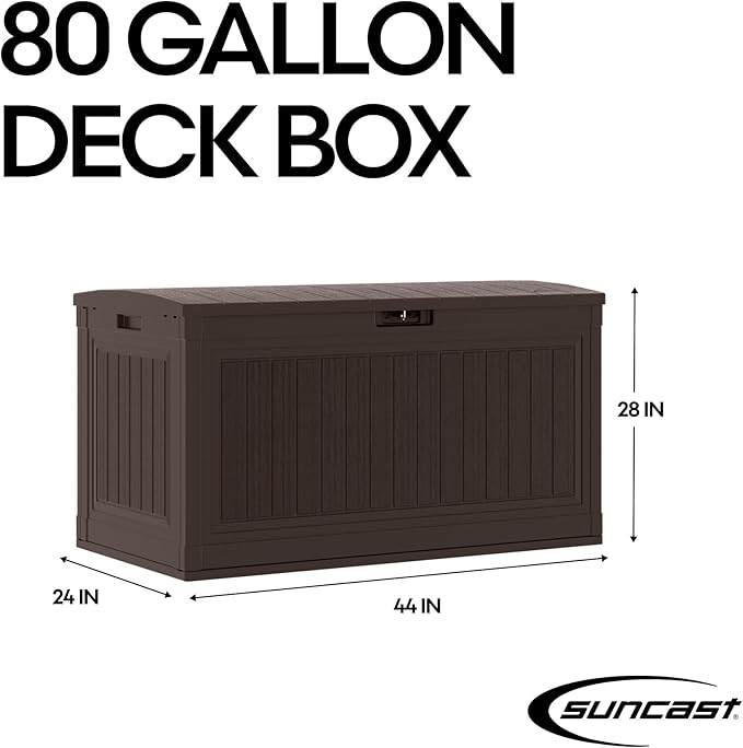 Suncast 80-Gal. Waterproof Resin Large Outdoor Patio Deck Box with Pad-Lockable Lid, Modern Outdoor Patio Bench/Storage Box for Cushions, Garden Tools, and More, Java