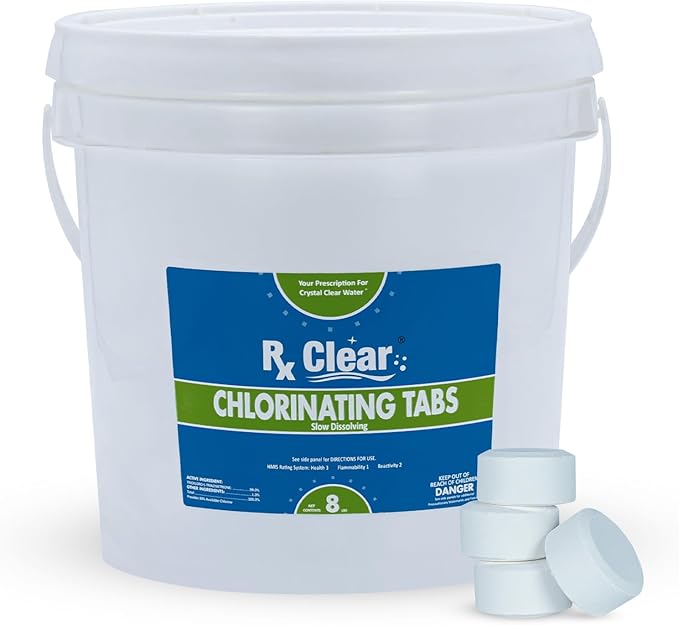 Rx Clear 1" Inch Chlorine Tabs | 8 Pounds | Use Tablets as Bactericide, Algaecide, & Disinfectant in Swimming Pools | Stabilized, Long Lasting, Slow Dissolving, & UV Protected