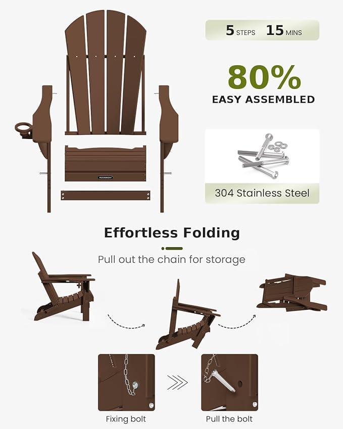 MUCHENGHY Folding Adirondack Chairs Set of 2, Patio Chairs, Lawn Chairs, Outdoor Chair, Adirondack Chair Plastic, Fire Pit, Weather Resistant with Cup Holder for Deck, Backyard, Garden(Brown)