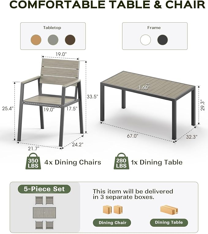 Outdoor Dining Set, Patio Table and Chairs of 4, Aluminum Outdoor Furniture Set with Umbrella Hole, HDPS Patio Dining Table Set for 4 (Gray)
