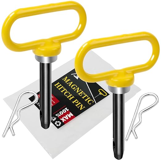 2 Packs Magnetic Hitch Pin, Lawn Mower Trailer Hitch Pins 1/2 Inch with Handle and Clip, Trailer Gate Pin for Mowers, Tractor Truck, Towing Cargo, ATV - Simple One Handed Hook On & Off（Yellow