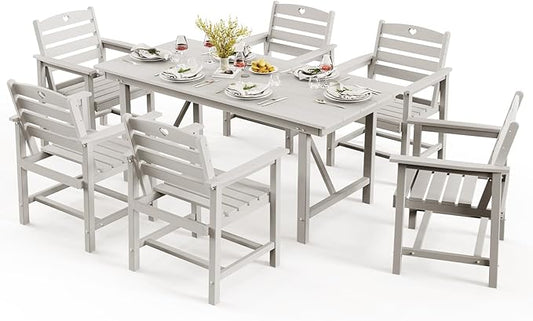 Patio Table and Chairs Set with Umbrella Hole, HDPE Patio Dining Set for 6, Outdoor Dining Set for Lawn, Patio, Porch, Deck, Poolside, Yard (White, 7-Piece)