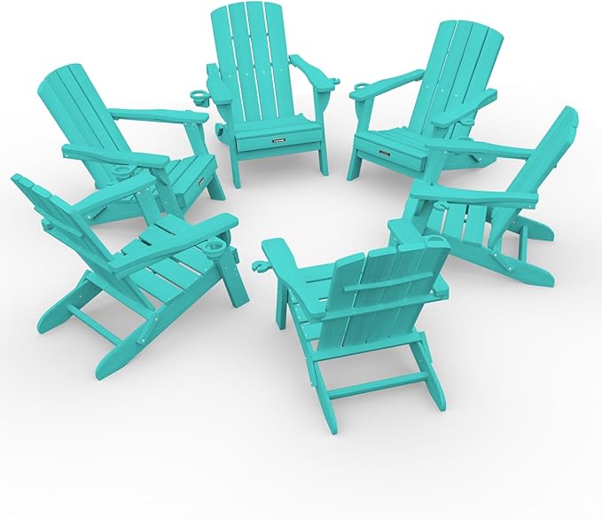 Folding Adirondack Chair Wood Texture 6 Pack, HDPE All-Weather Fire Pit Chairs, Plastic Adirondack Chairs with 2 Cup Holder, Outdoor Lawn Chair for Patio Garden (Lake Blue)