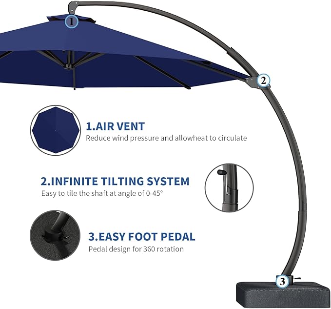 7-Piece Patio Dining Set with 11 FT Curvy Cantilever Umbrella, HDPE Tabletop & Aluminum Frame All-Weather Outdoor Furniture for Garden, Backyard, Poolside, Black