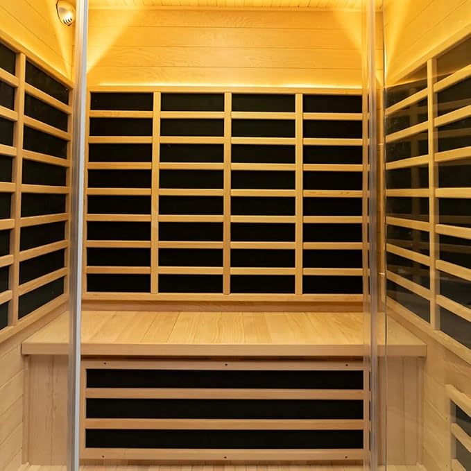 Low EMF Far Infrared Sauna for 3 Person, Canadian Hemlock Wood Sauna Room with Tempered Glass Door, WiFi Control, 220V, 12 Infrared Heaters, 2850W, Reading & 7-Color Starry Light, Oxygen Bar, Speaker