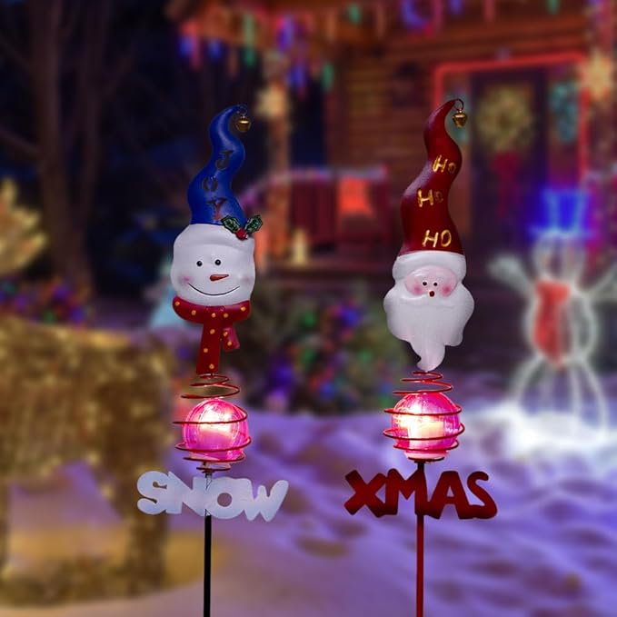 Solar Christmas Decorations Outdoor,2 Pack Snowman＆Santa Claus Xmas Pathways Lights,Christmas Solar Garden Stake Lights for Outside Lawn Patio Landscape
