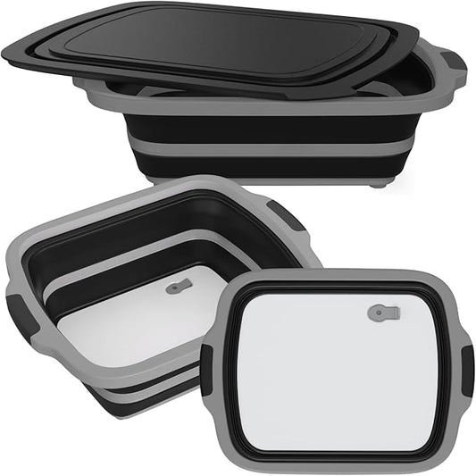 2-Pack XL Collapsible BBQ Prep Tub with Built-In Cutting Board, Lid & Strainer – Marinate, Drain & Prep – Large Food-Safe Container – Perfect for Grilling, Smoking & Outdoor Cooking (Black)