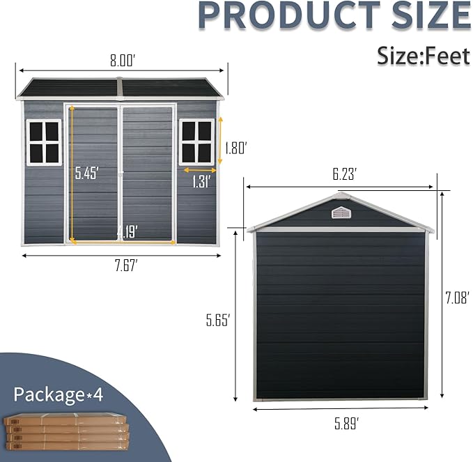 8x6 ft Resin Outdoor Storage Shed with Two-Window and Double-Door, Plastic Shed with Floor for Gargen, Patio, Yard, Lawn, Grey (1 Doors) (Black, 8x6 ft)