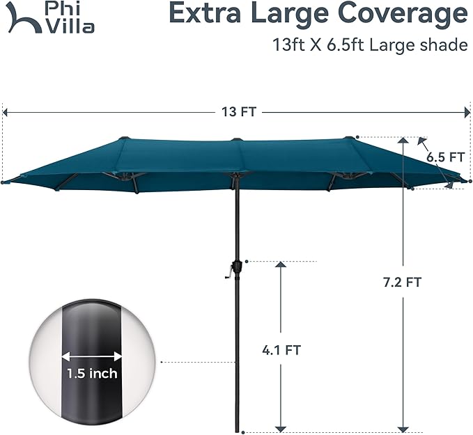 PHI VILLA 13ft Large Patio Umbrellas, Double-Sided Outdoor Market Rectangle Umbrella for Outside, Cyan